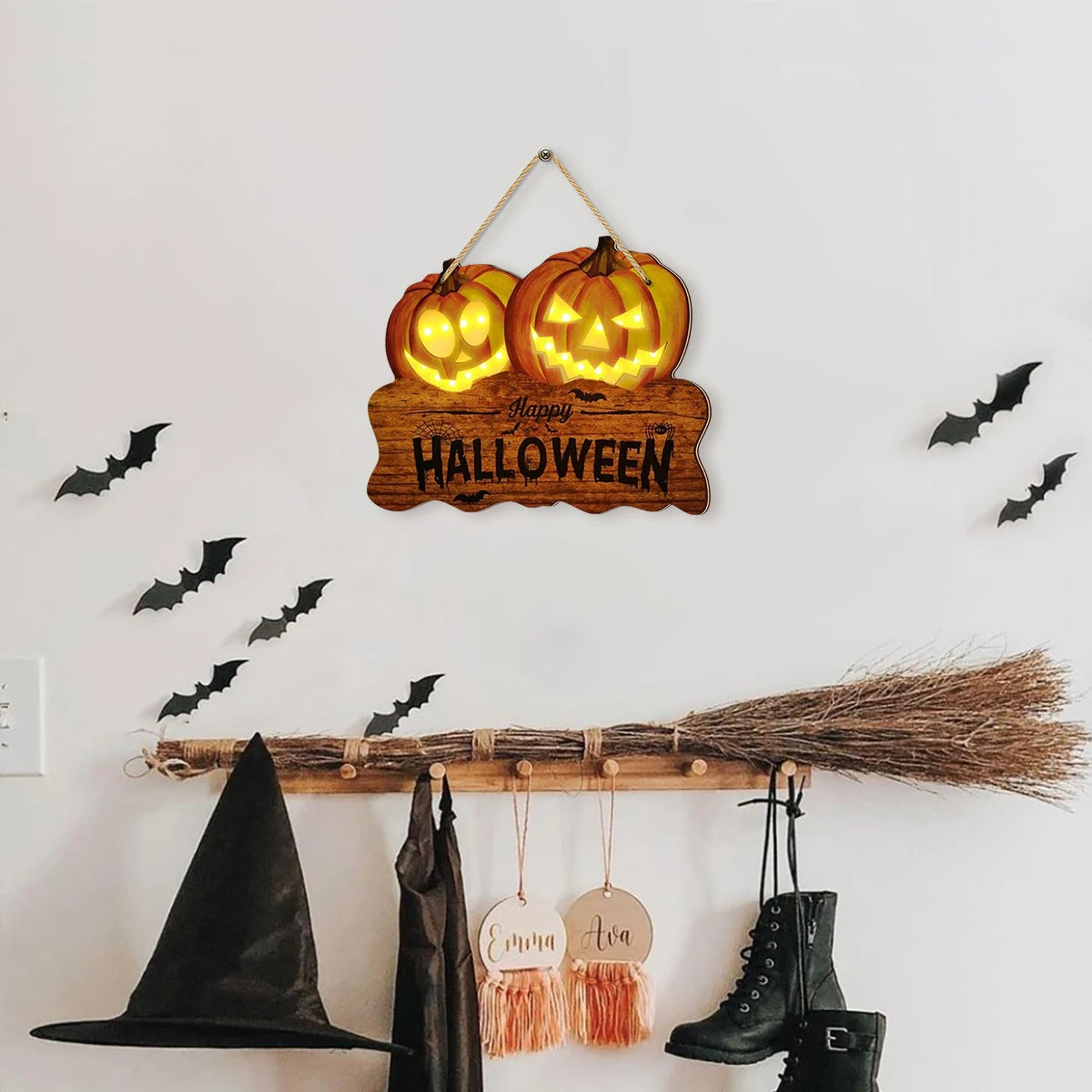 Light - up Wooden Halloween Sign with Two Pumpkin Jack - o'- Lanterns, Festive Home Decoration