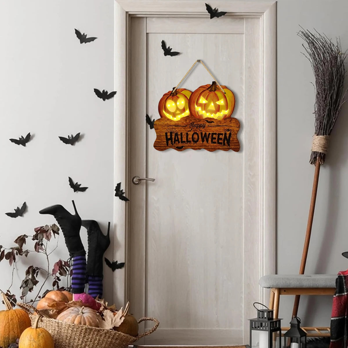 Light - up Wooden Halloween Sign with Two Pumpkin Jack - o'- Lanterns, Festive Home Decoration