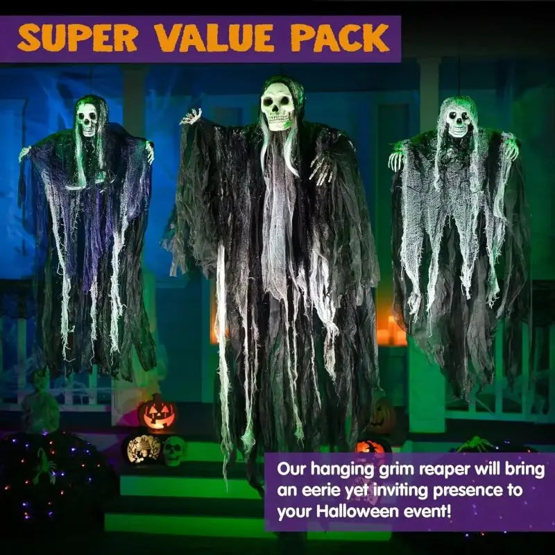 Hanging Halloween SkeletonGhosts Decorations Grim Reapers for Halloween Outdoor Halloween Sound Control Light Up Ghost