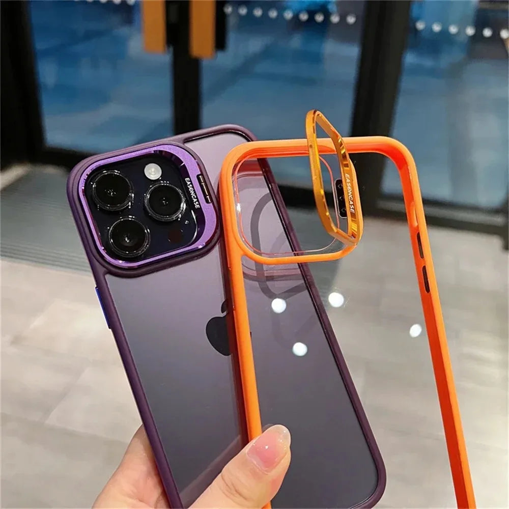 Lens Metal Ring Protector Stand Phone Case For IPhone 15 14 13 12 11 Pro Max Plus Camera Glass Lens Protection Transparent Cover