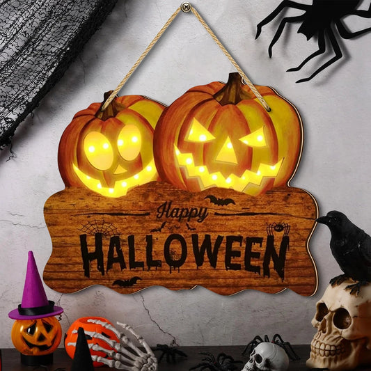 Light - up Wooden Halloween Sign with Two Pumpkin Jack - o'- Lanterns, Festive Home Decoration
