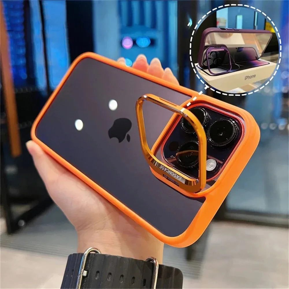 Lens Metal Ring Protector Stand Phone Case For IPhone 15 14 13 12 11 Pro Max Plus Camera Glass Lens Protection Transparent Cover